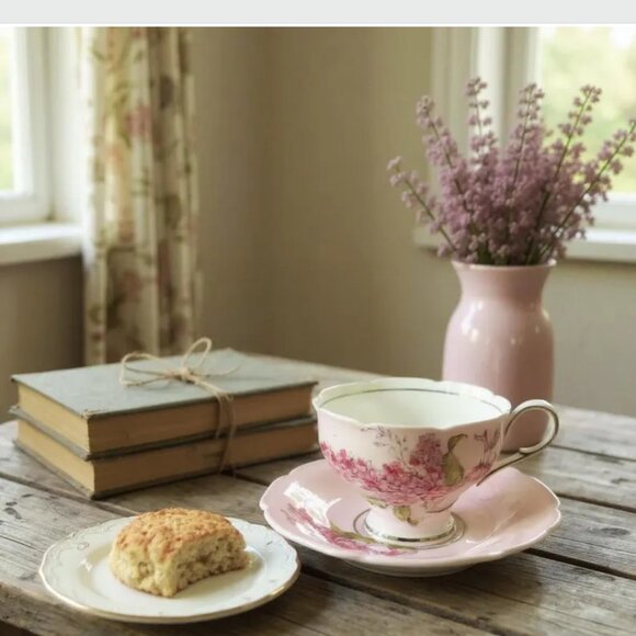 Vintage 1950s Paragon Lilac Pink Ribbon Tea Cup and Saucer - Picture 1 of 8